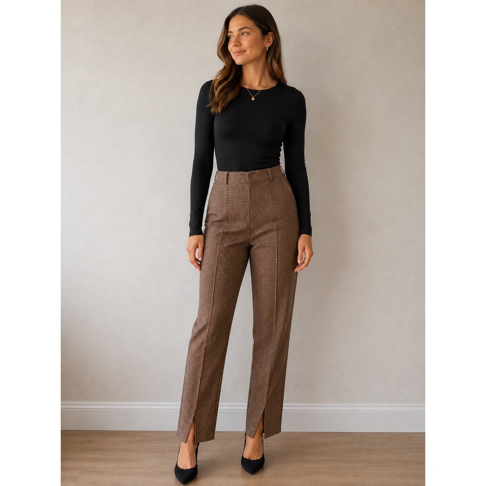Favorite Daughter Houndstooth High Rise Slim Trousers Brown Tan 10 Split Hem